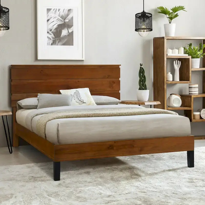 Struttura Letto Matrimoniale in Legno Massello Stile Mid-Century Modern con Testiera a Tre Pannelli, Nessuna Rete a Molle Necessaria, Marrone