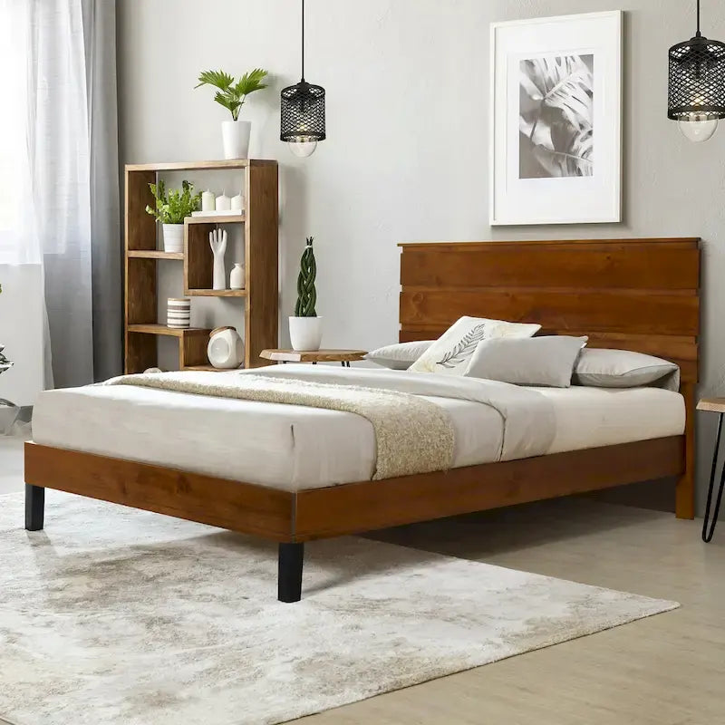 Struttura Letto Matrimoniale in Legno Massello Stile Mid-Century Modern con Testiera a Tre Pannelli, Nessuna Rete a Molle Necessaria, Marrone