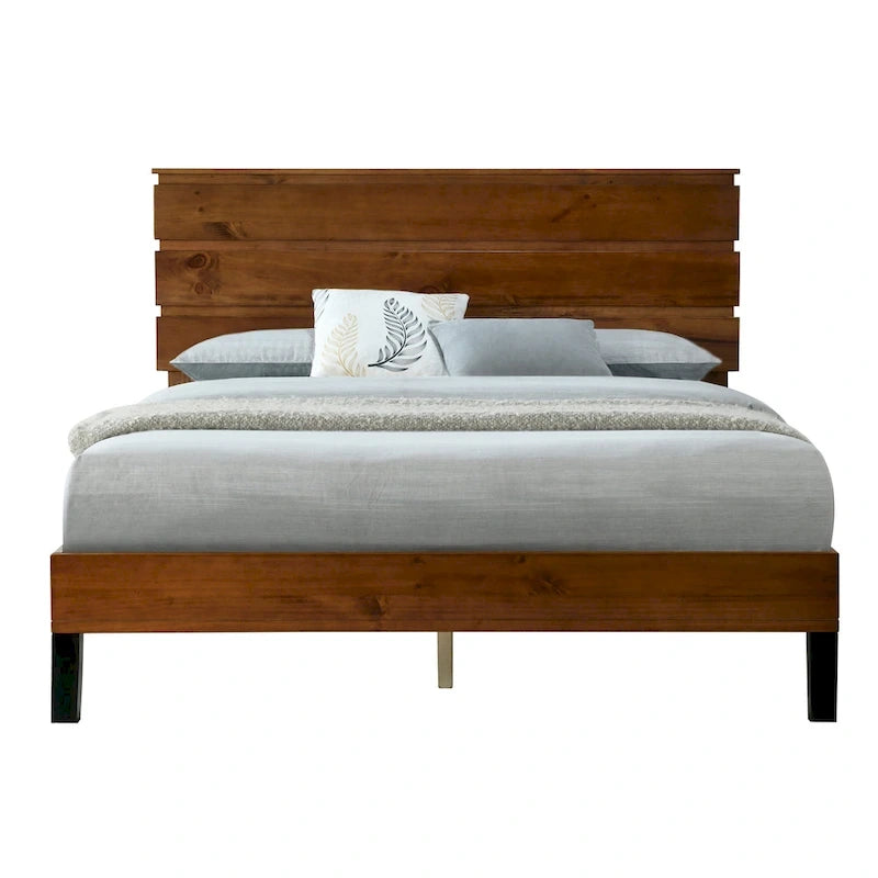 Struttura Letto Matrimoniale in Legno Massello Stile Mid-Century Modern con Testiera a Tre Pannelli, Nessuna Rete a Molle Necessaria, Marrone