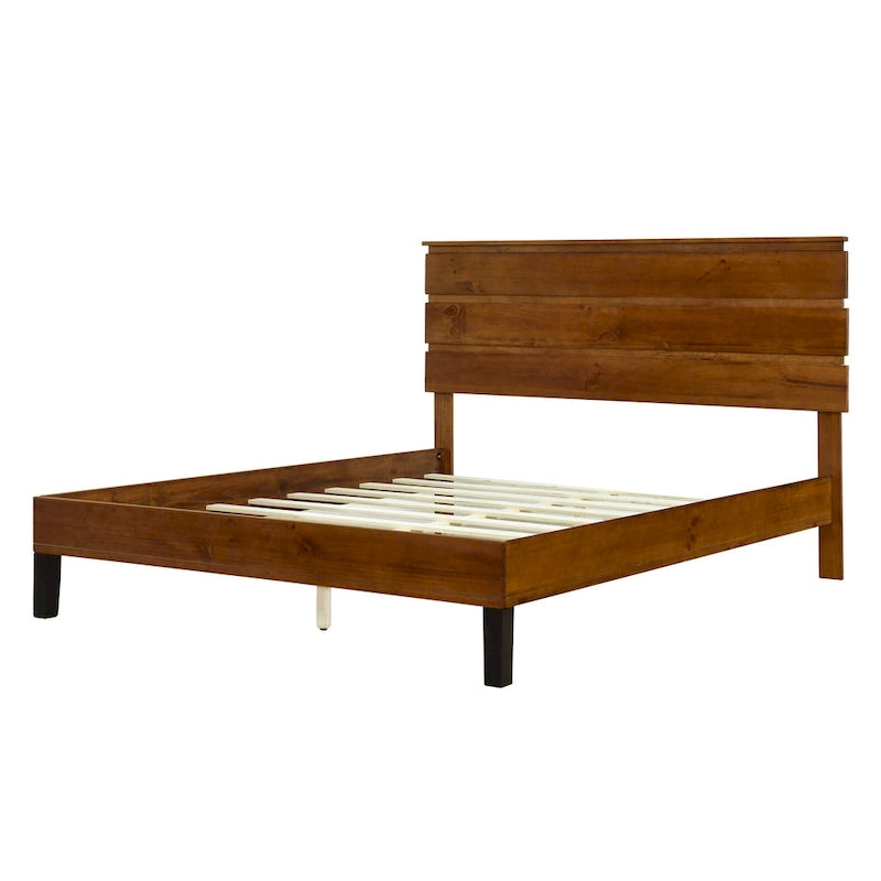 Struttura Letto Matrimoniale in Legno Massello Stile Mid-Century Modern con Testiera a Tre Pannelli, Nessuna Rete a Molle Necessaria, Marrone
