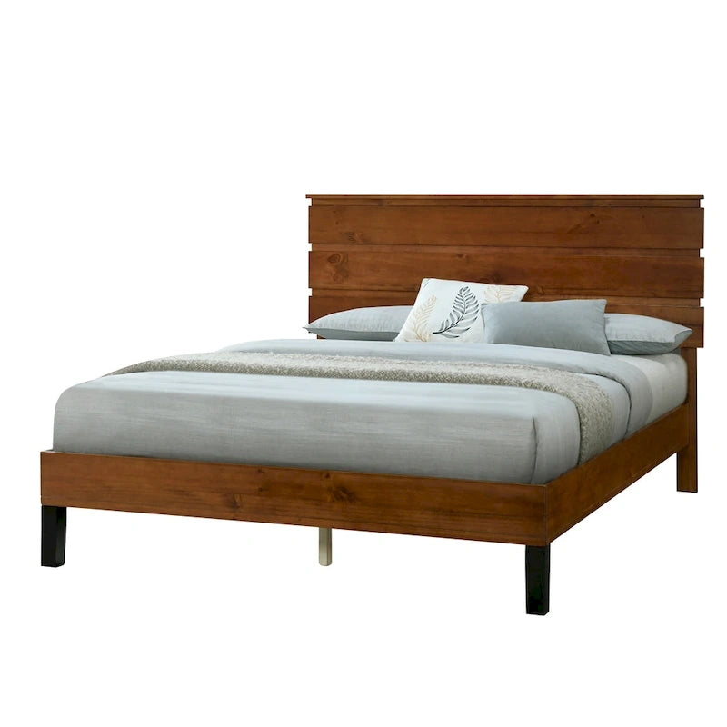 Struttura Letto Matrimoniale in Legno Massello Stile Mid-Century Modern con Testiera a Tre Pannelli, Nessuna Rete a Molle Necessaria, Marrone