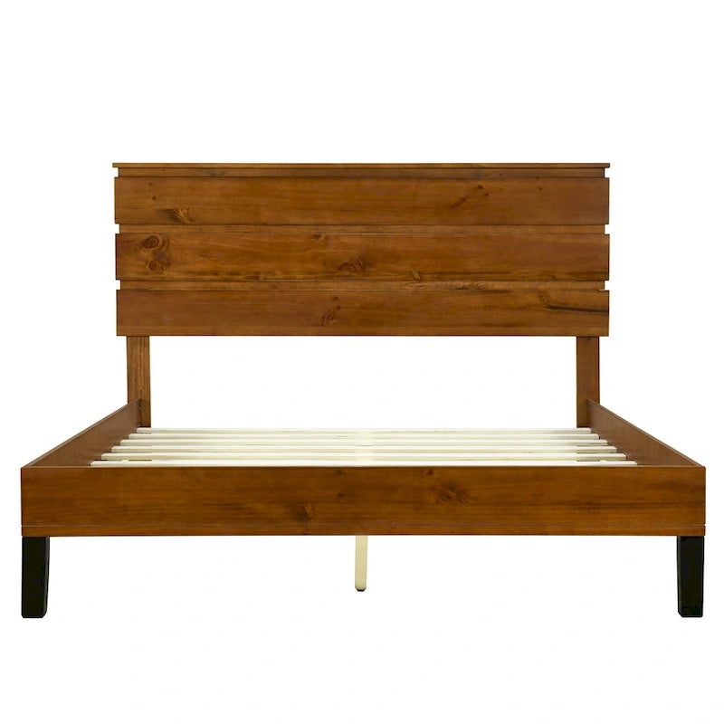Struttura Letto Matrimoniale in Legno Massello Stile Mid-Century Modern con Testiera a Tre Pannelli, Nessuna Rete a Molle Necessaria, Marrone