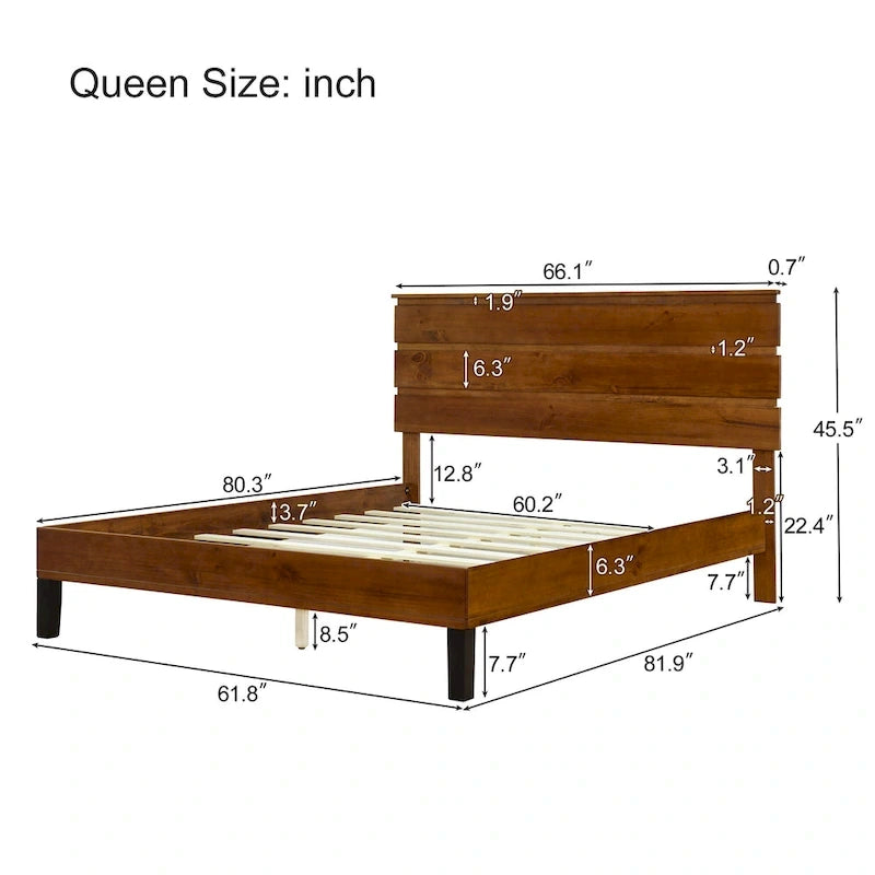 Struttura Letto Matrimoniale in Legno Massello Stile Mid-Century Modern con Testiera a Tre Pannelli, Nessuna Rete a Molle Necessaria, Marrone