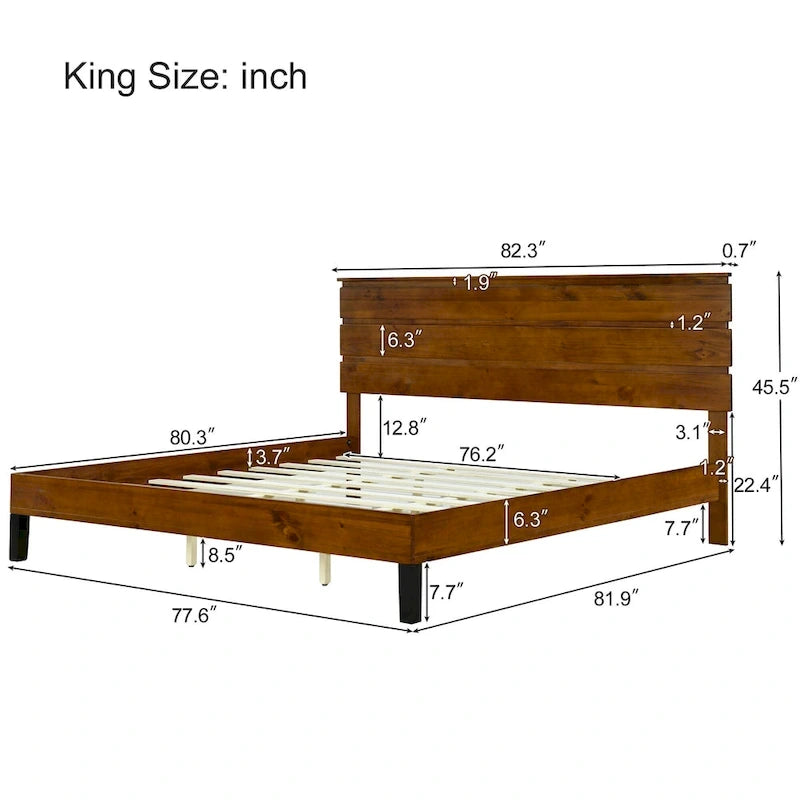Struttura Letto Matrimoniale in Legno Massello Stile Mid-Century Modern con Testiera a Tre Pannelli, Nessuna Rete a Molle Necessaria, Marrone
