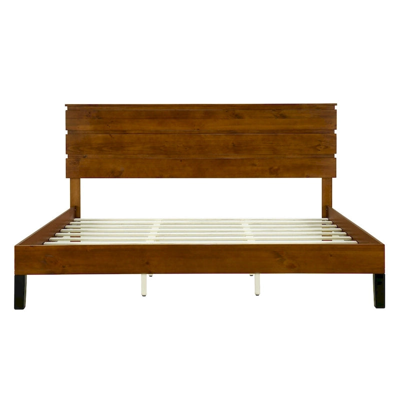 Struttura Letto Matrimoniale in Legno Massello Stile Mid-Century Modern con Testiera a Tre Pannelli, Nessuna Rete a Molle Necessaria, Marrone