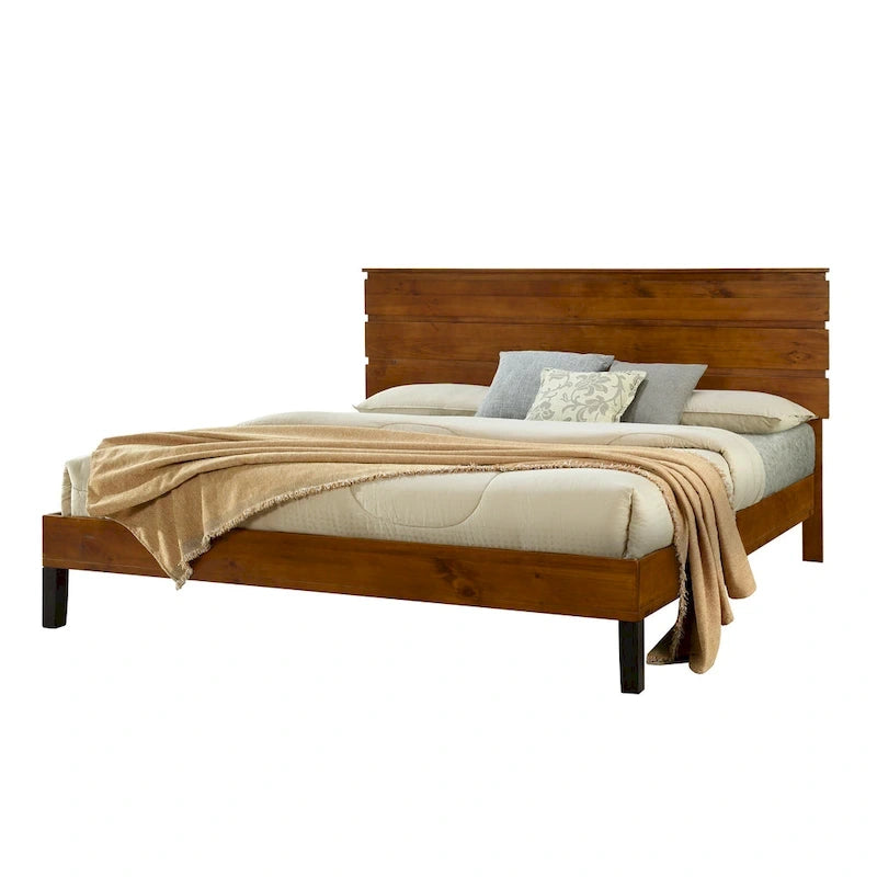 Struttura Letto Matrimoniale in Legno Massello Stile Mid-Century Modern con Testiera a Tre Pannelli, Nessuna Rete a Molle Necessaria, Marrone