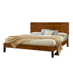 Struttura Letto Matrimoniale in Legno Massello Stile Mid-Century Modern con Testiera a Tre Pannelli, Nessuna Rete a Molle Necessaria, Marrone