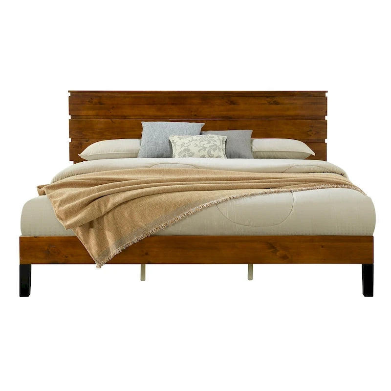 Struttura Letto Matrimoniale in Legno Massello Stile Mid-Century Modern con Testiera a Tre Pannelli, Nessuna Rete a Molle Necessaria, Marrone