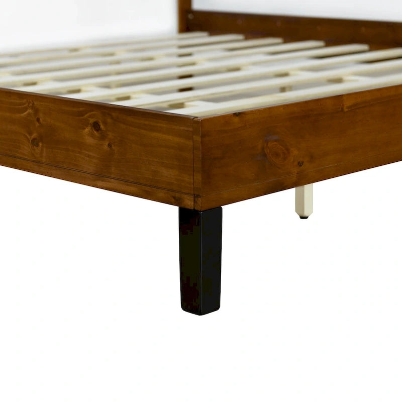 Struttura Letto Matrimoniale in Legno Massello Stile Mid-Century Modern con Testiera a Tre Pannelli, Nessuna Rete a Molle Necessaria, Marrone
