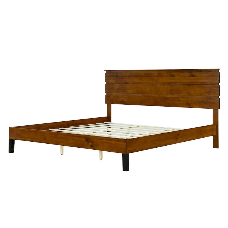 Struttura Letto Matrimoniale in Legno Massello Stile Mid-Century Modern con Testiera a Tre Pannelli, Nessuna Rete a Molle Necessaria, Marrone