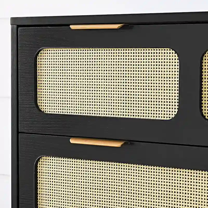 Farmhouse Rattan 3 Drawer Dresser, Wooden Wide Chest of Drawers with Metal Handles