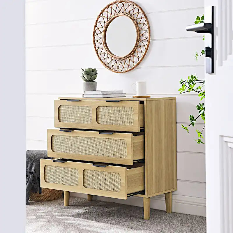 Cassettiera larga in rattan da fattoria a 3 cassetti, in legno con maniglie in metallo