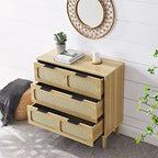 Cassettiera larga in rattan da fattoria a 3 cassetti, in legno con maniglie in metallo