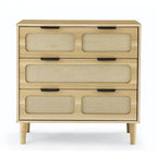 Cassettiera larga in rattan da fattoria a 3 cassetti, in legno con maniglie in metallo