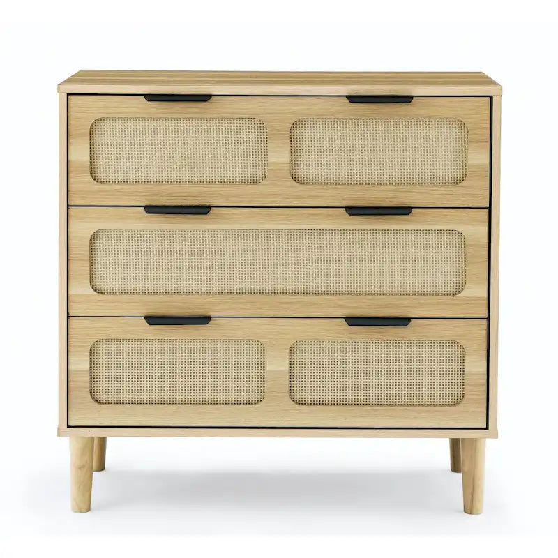 Cassettiera larga in rattan da fattoria a 3 cassetti, in legno con maniglie in metallo