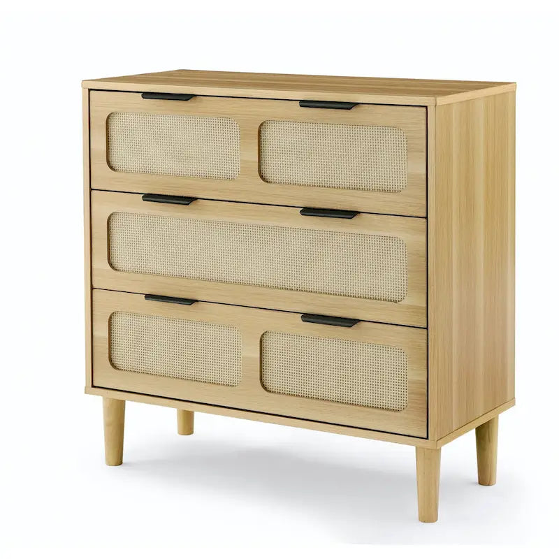 Cassettiera larga in rattan da fattoria a 3 cassetti, in legno con maniglie in metallo