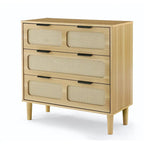 Cassettiera larga in rattan da fattoria a 3 cassetti, in legno con maniglie in metallo