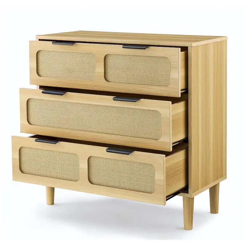 Cassettiera larga in rattan da fattoria a 3 cassetti, in legno con maniglie in metallo