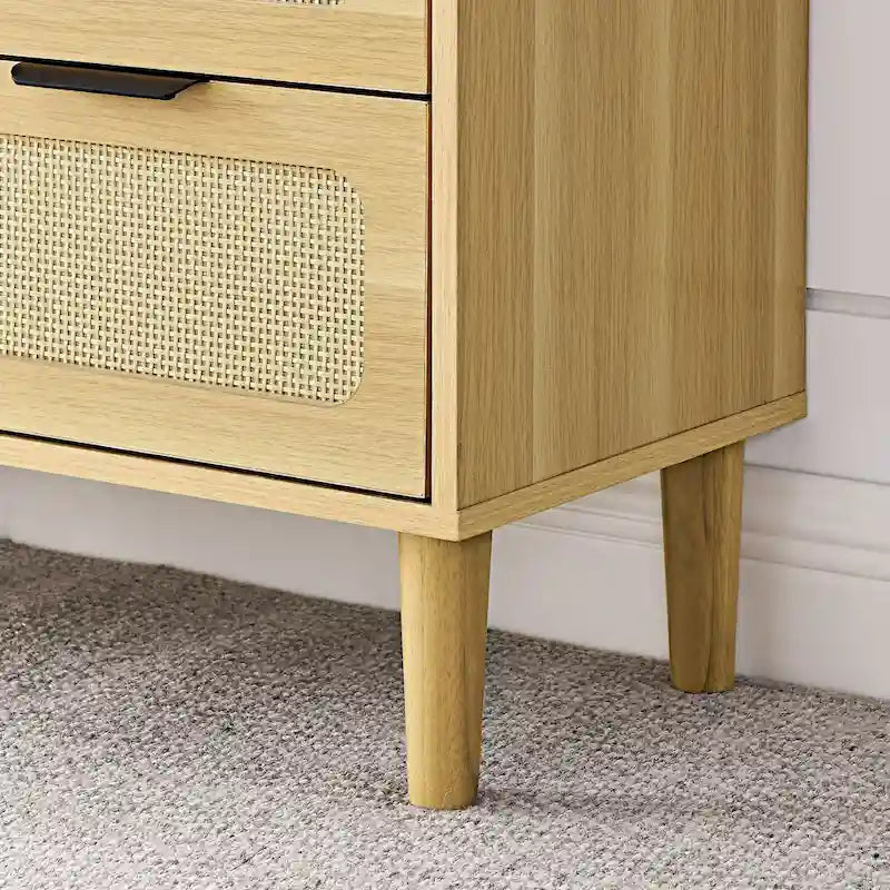Cassettiera larga in rattan da fattoria a 3 cassetti, in legno con maniglie in metallo