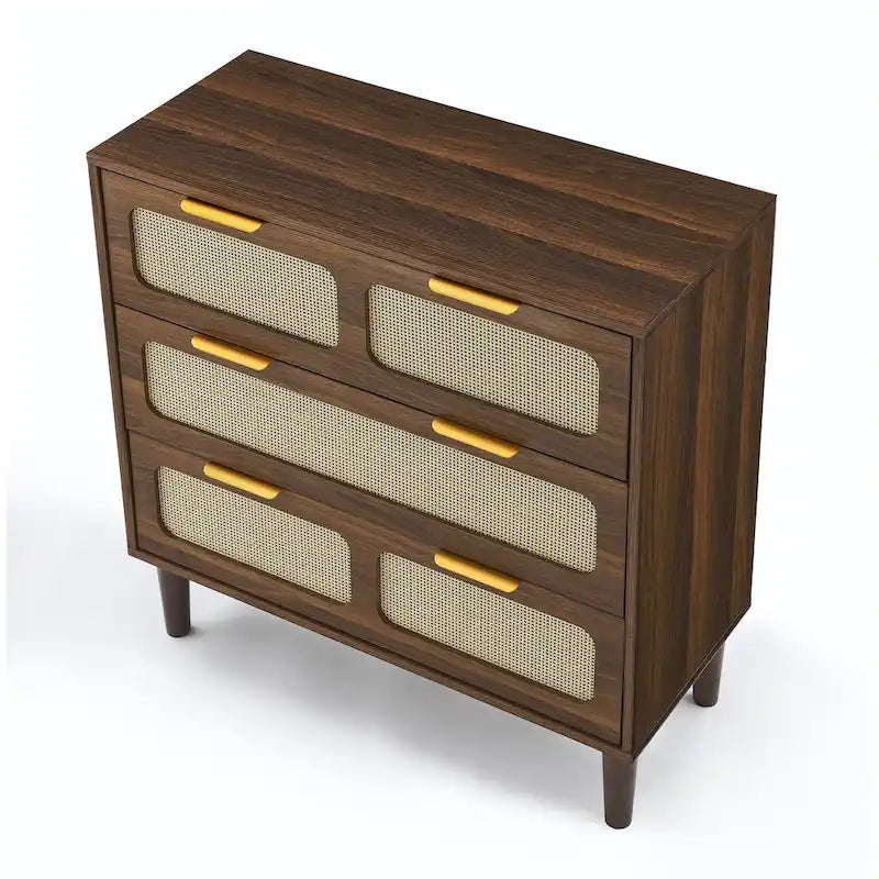 Cassettiera larga in rattan da fattoria a 3 cassetti, in legno con maniglie in metallo