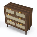 Cassettiera larga in rattan da fattoria a 3 cassetti, in legno con maniglie in metallo