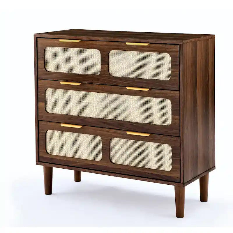 Cassettiera larga in rattan da fattoria a 3 cassetti, in legno con maniglie in metallo