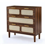 Cassettiera larga in rattan da fattoria a 3 cassetti, in legno con maniglie in metallo