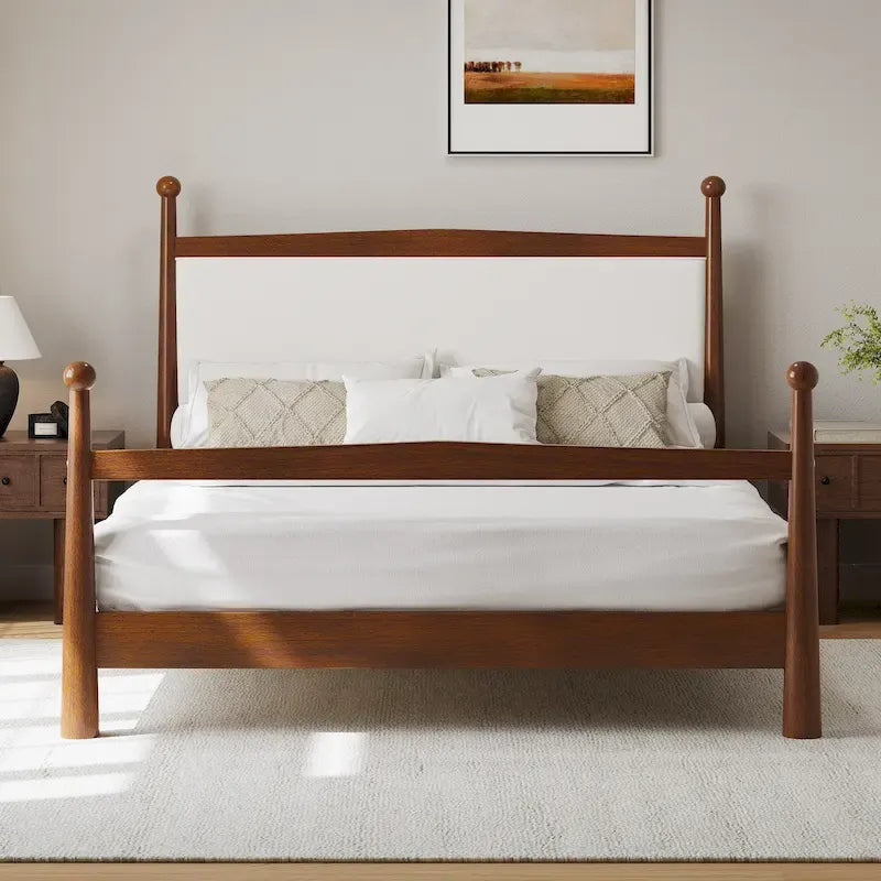 Letto a piattaforma con testiera imbottita in Bouclé, senza bisogno di rete, con doghe in legno, letto a basso profilo - Design minimalista