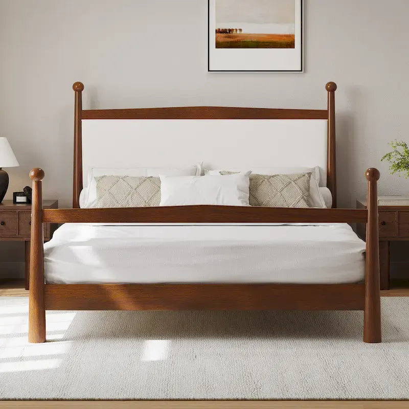 Letto a piattaforma con testiera imbottita in Bouclé, senza bisogno di rete, con doghe in legno, letto a basso profilo - Design minimalista