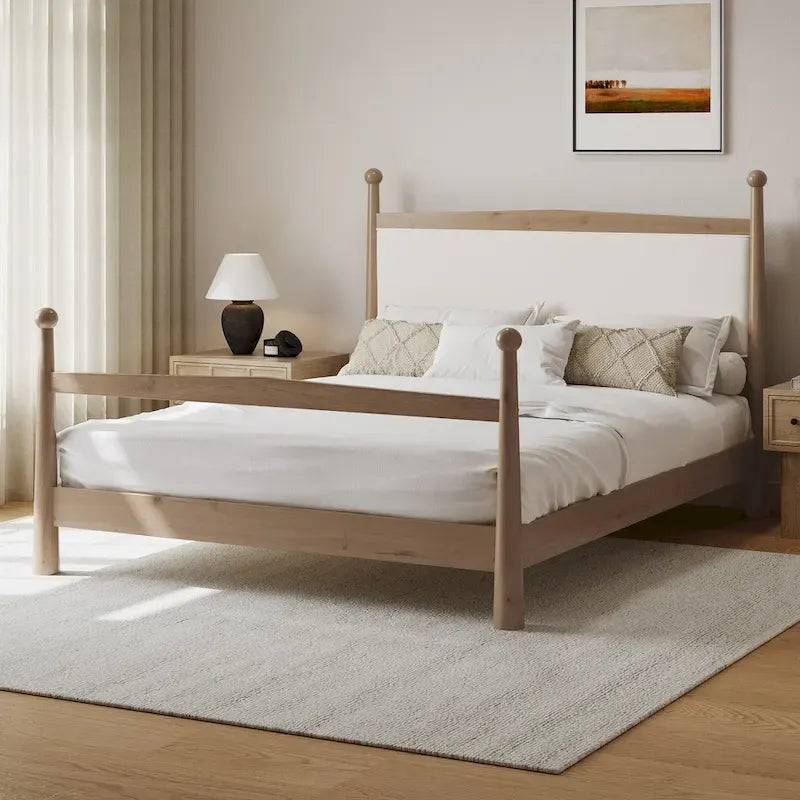 Letto a piattaforma con testiera imbottita in Bouclé, senza bisogno di rete, con doghe in legno, letto a basso profilo - Design minimalista