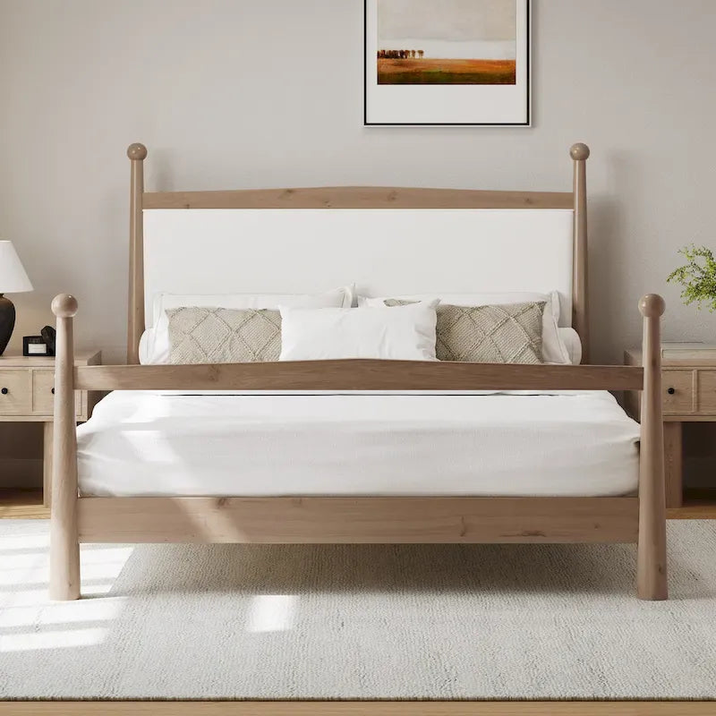 Letto a piattaforma con testiera imbottita in Bouclé, senza bisogno di rete, con doghe in legno, letto a basso profilo - Design minimalista