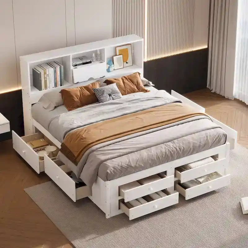 Moderno letto a piattaforma in legno con testiera portaoggetti e 8 cassetti per la camera da letto
