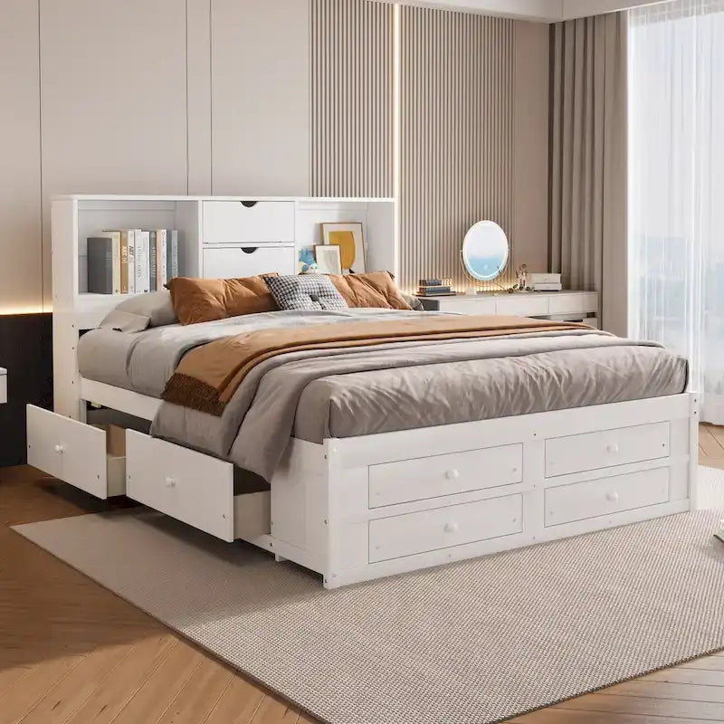 Moderno letto a piattaforma in legno con testiera portaoggetti e 8 cassetti per la camera da letto