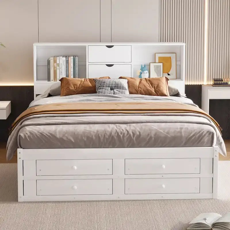 Moderno letto a piattaforma in legno con testiera portaoggetti e 8 cassetti per la camera da letto