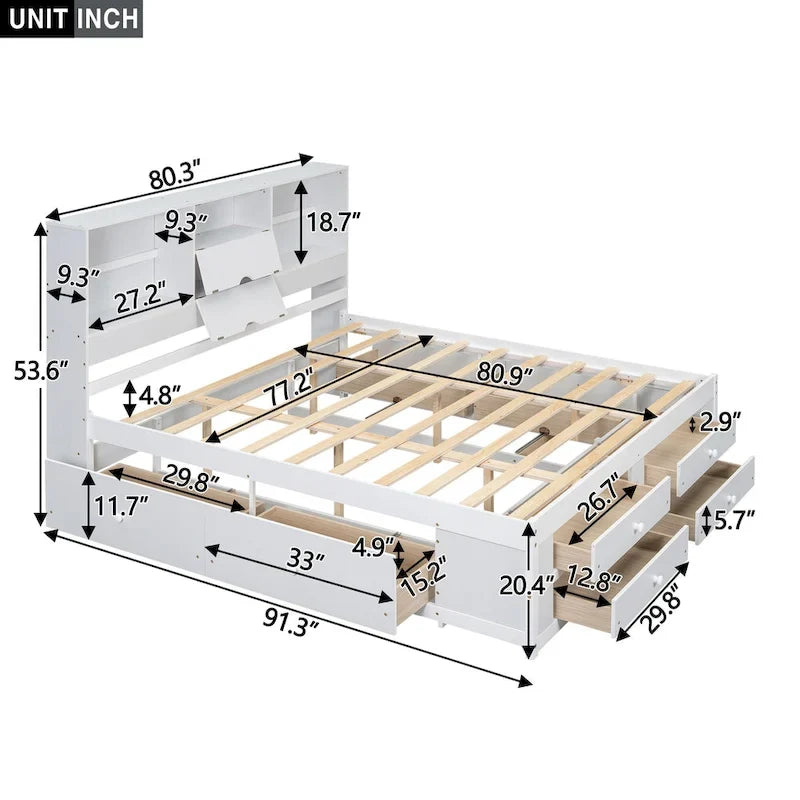 Moderno letto a piattaforma in legno con testiera portaoggetti e 8 cassetti per la camera da letto