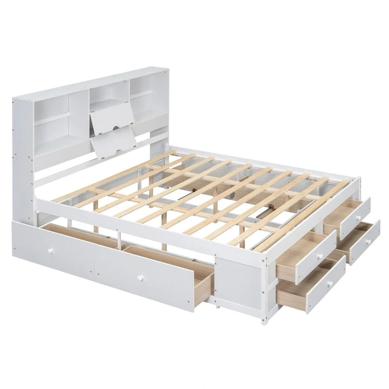 Moderno letto a piattaforma in legno con testiera portaoggetti e 8 cassetti per la camera da letto