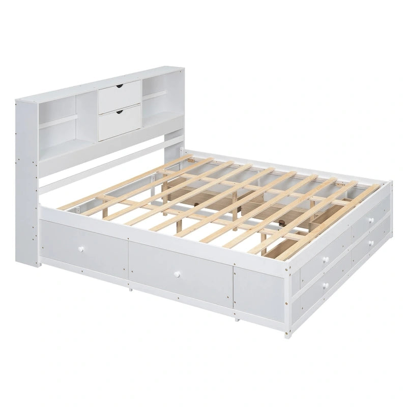 Moderno letto a piattaforma in legno con testiera portaoggetti e 8 cassetti per la camera da letto
