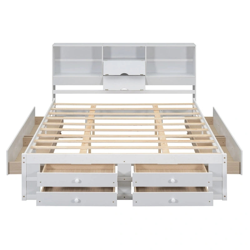 Moderno letto a piattaforma in legno con testiera portaoggetti e 8 cassetti per la camera da letto