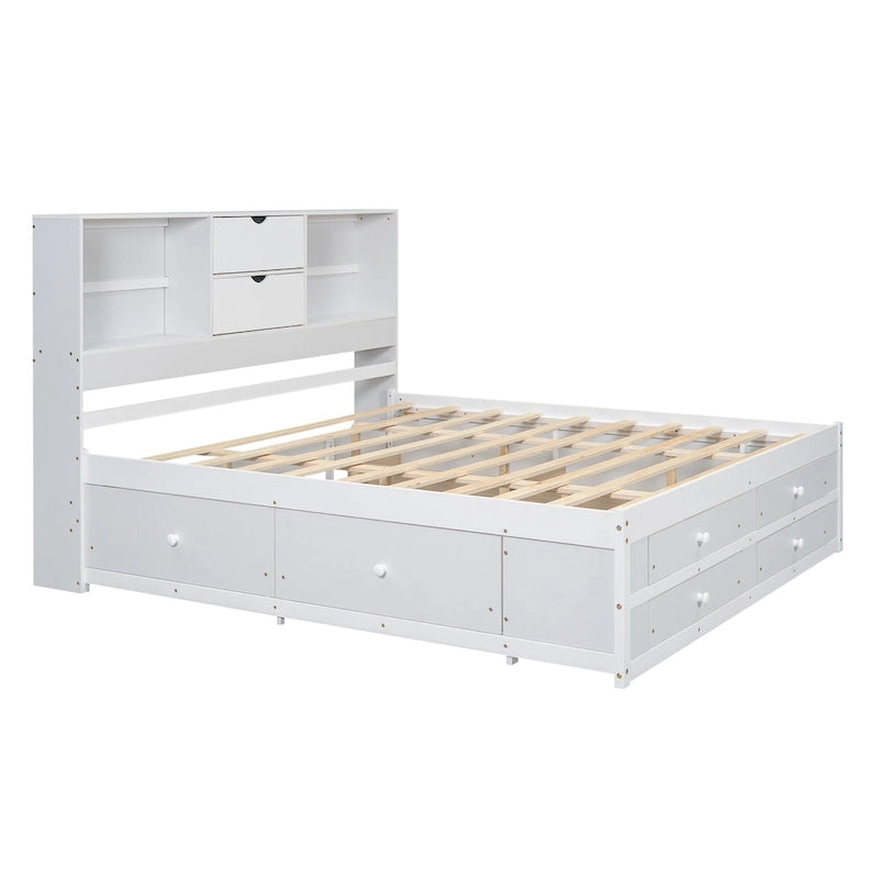 Moderno letto a piattaforma in legno con testiera portaoggetti e 8 cassetti per la camera da letto