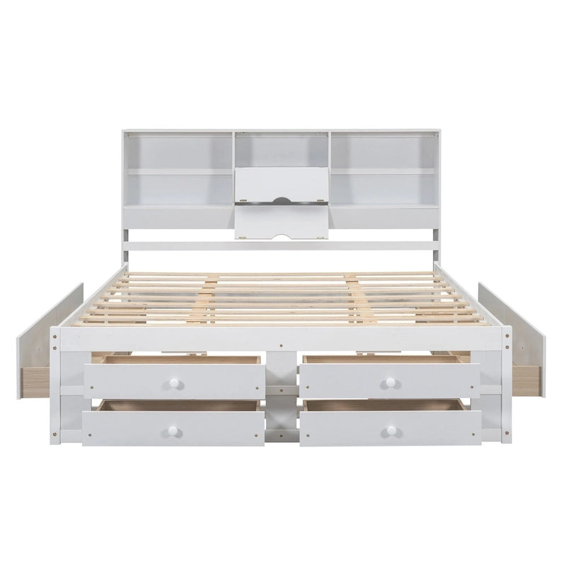 Moderno letto a piattaforma in legno con testiera portaoggetti e 8 cassetti per la camera da letto
