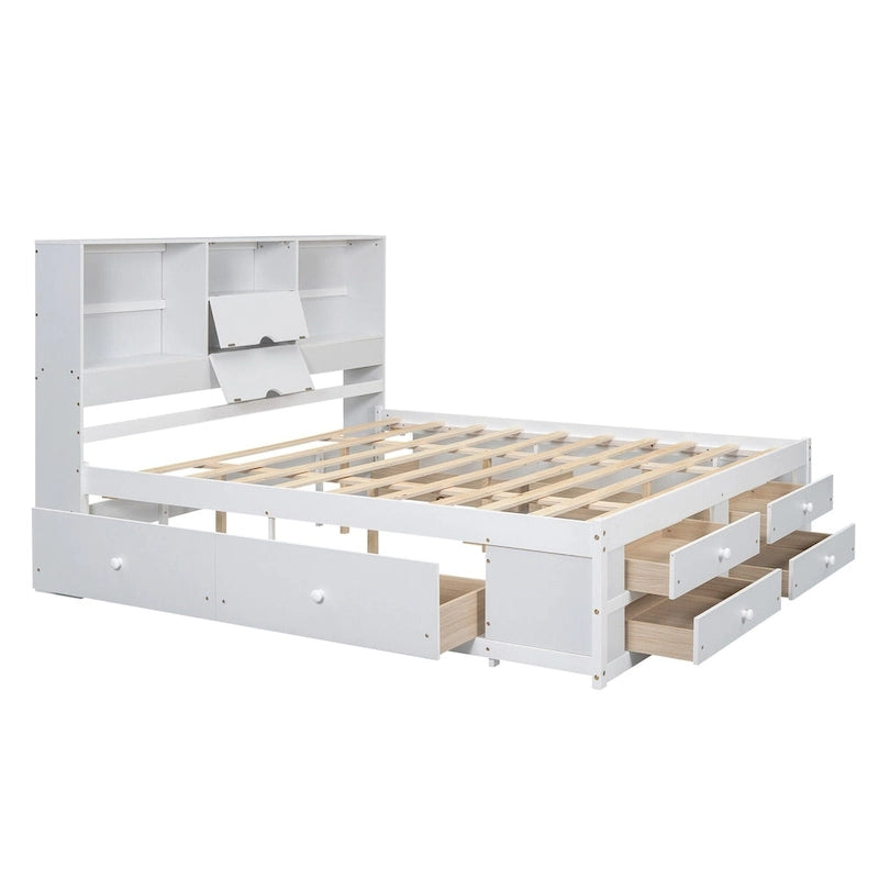 Moderno letto a piattaforma in legno con testiera portaoggetti e 8 cassetti per la camera da letto