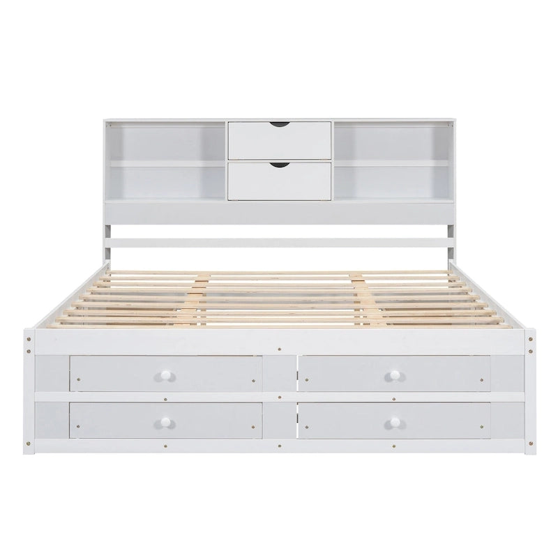 Moderno letto a piattaforma in legno con testiera portaoggetti e 8 cassetti per la camera da letto