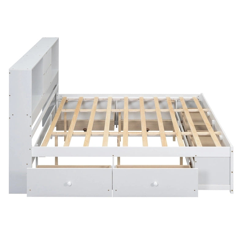 Moderno letto a piattaforma in legno con testiera portaoggetti e 8 cassetti per la camera da letto