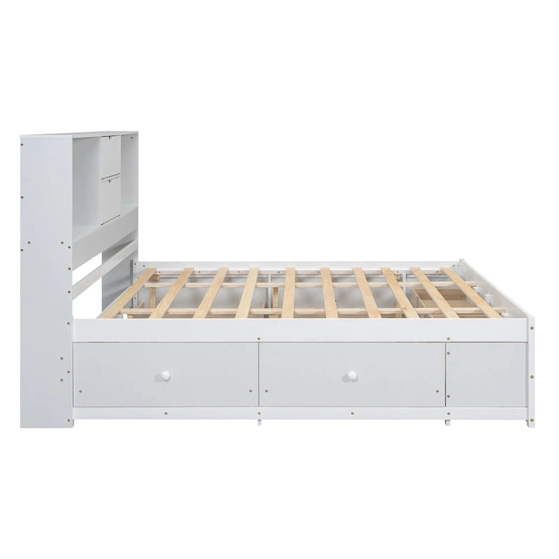 Moderno letto a piattaforma in legno con testiera portaoggetti e 8 cassetti per la camera da letto