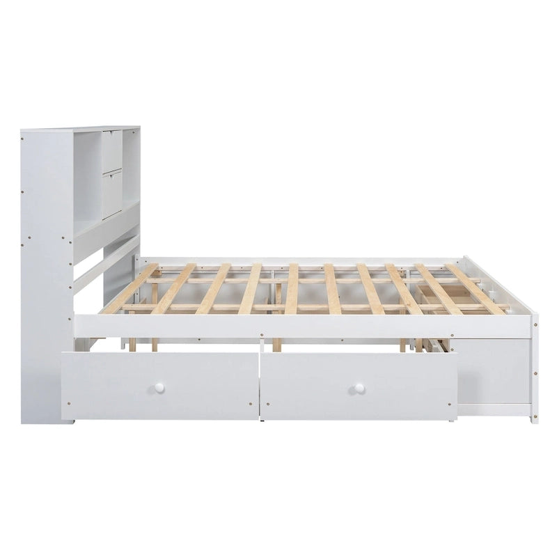 Moderno letto a piattaforma in legno con testiera portaoggetti e 8 cassetti per la camera da letto