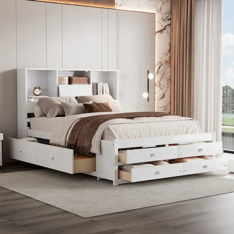 Moderno letto a piattaforma in legno con testiera portaoggetti e 8 cassetti per la camera da letto