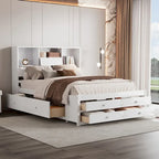 Moderno letto a piattaforma in legno con testiera portaoggetti e 8 cassetti per la camera da letto