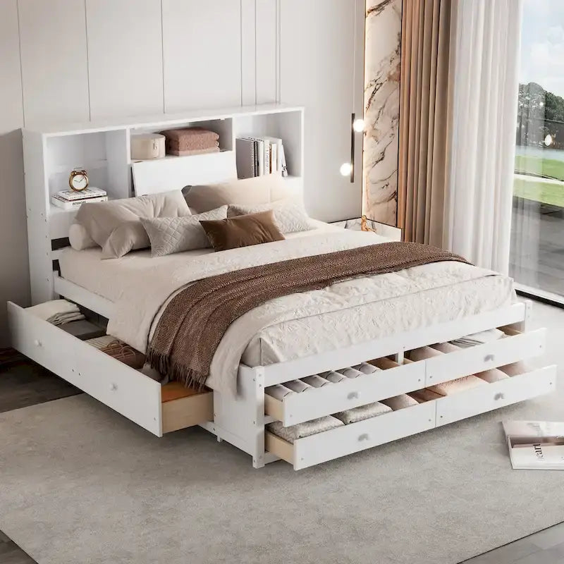 Moderno letto a piattaforma in legno con testiera portaoggetti e 8 cassetti per la camera da letto