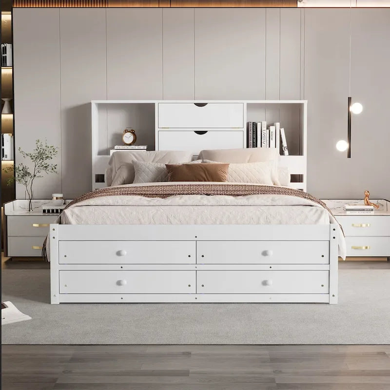 Moderno letto a piattaforma in legno con testiera portaoggetti e 8 cassetti per la camera da letto
