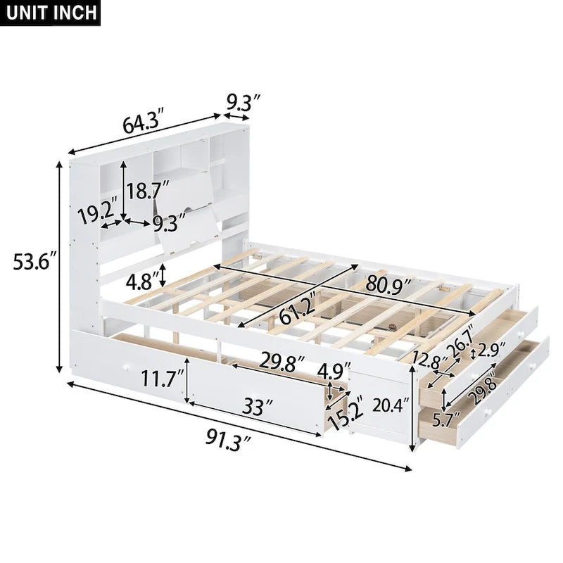 Moderno letto a piattaforma in legno con testiera portaoggetti e 8 cassetti per la camera da letto